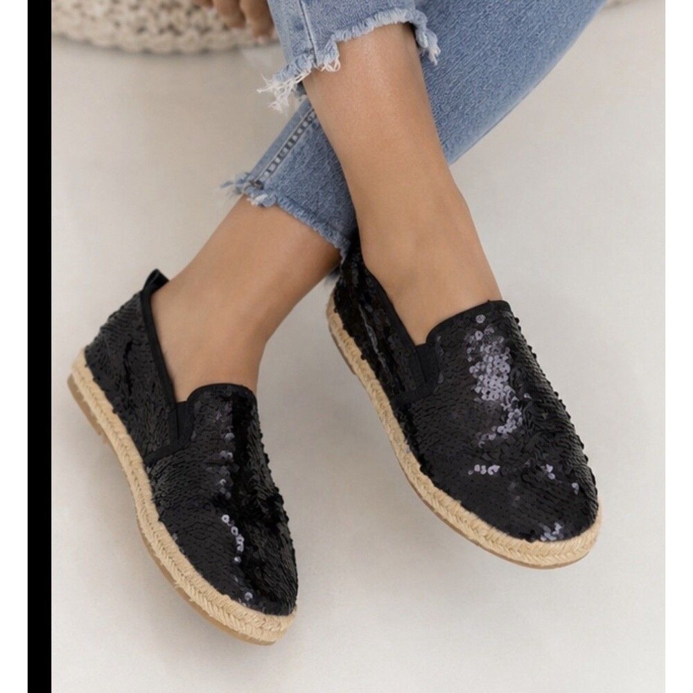 Women Crochet Toe Espadrille Heel Slip On Sequin Loafer Flat Ballerinas 7.5 US